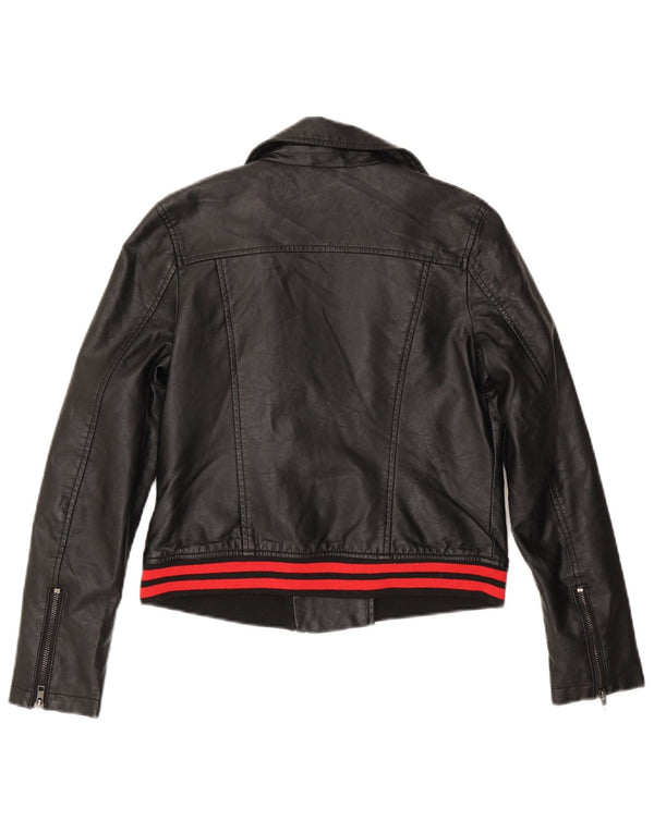 Von Dutch Womens Faux Leather Biker Jacket UK 10 Small Black Polyurethane
