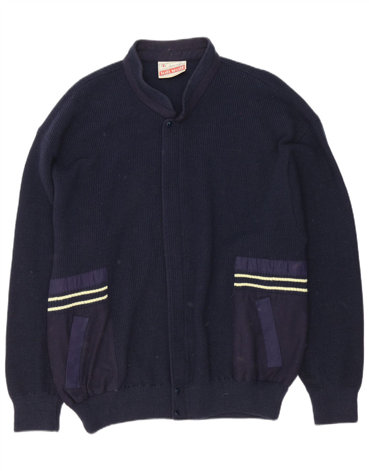 Loli Wolf Mens Regular Fit Cardigan Sweater Medium Navy Blue Wool