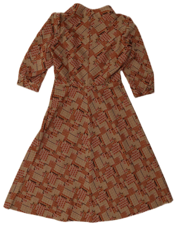 Vintage kvinders 3/4 ærmer A-line kjole UK 10 Small Brown Geometric