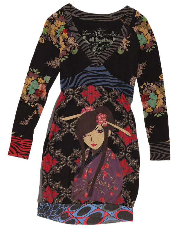 Desigual Womens Long Sleeve Sheath Dress UK 10 Small Black Floral Cotton
