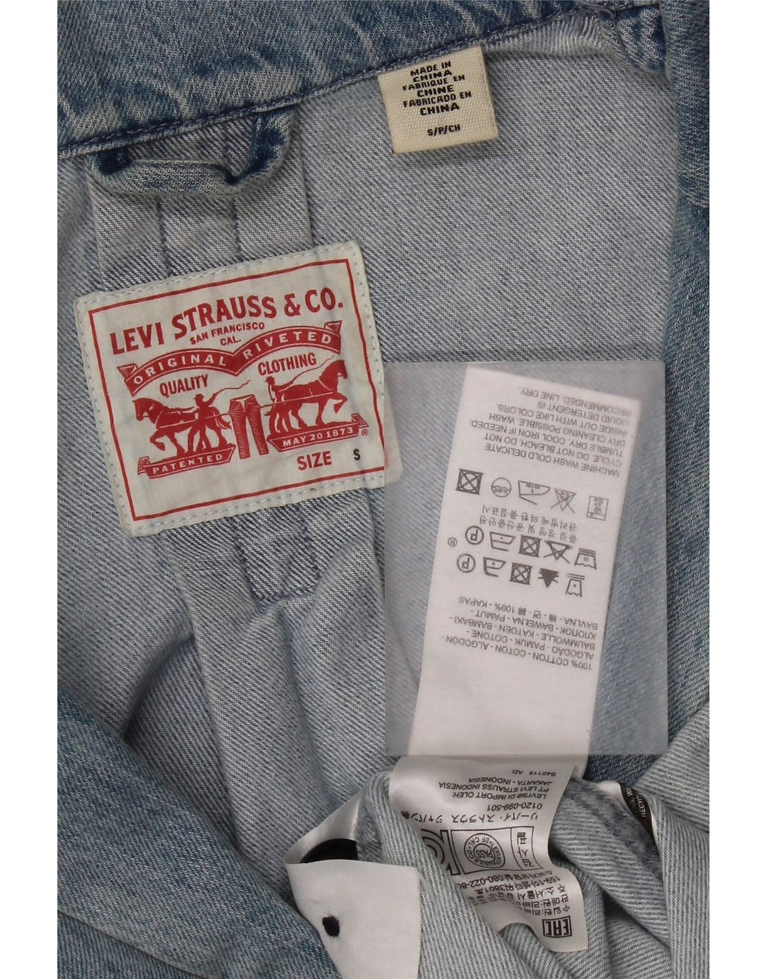 Levi's Manteau en denim surdimensionné vieilli pour femme UK 10 Petit coton bleu