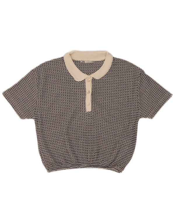 Polo corta da donna Zara UK 10 piccola blu geometrica in poliestere