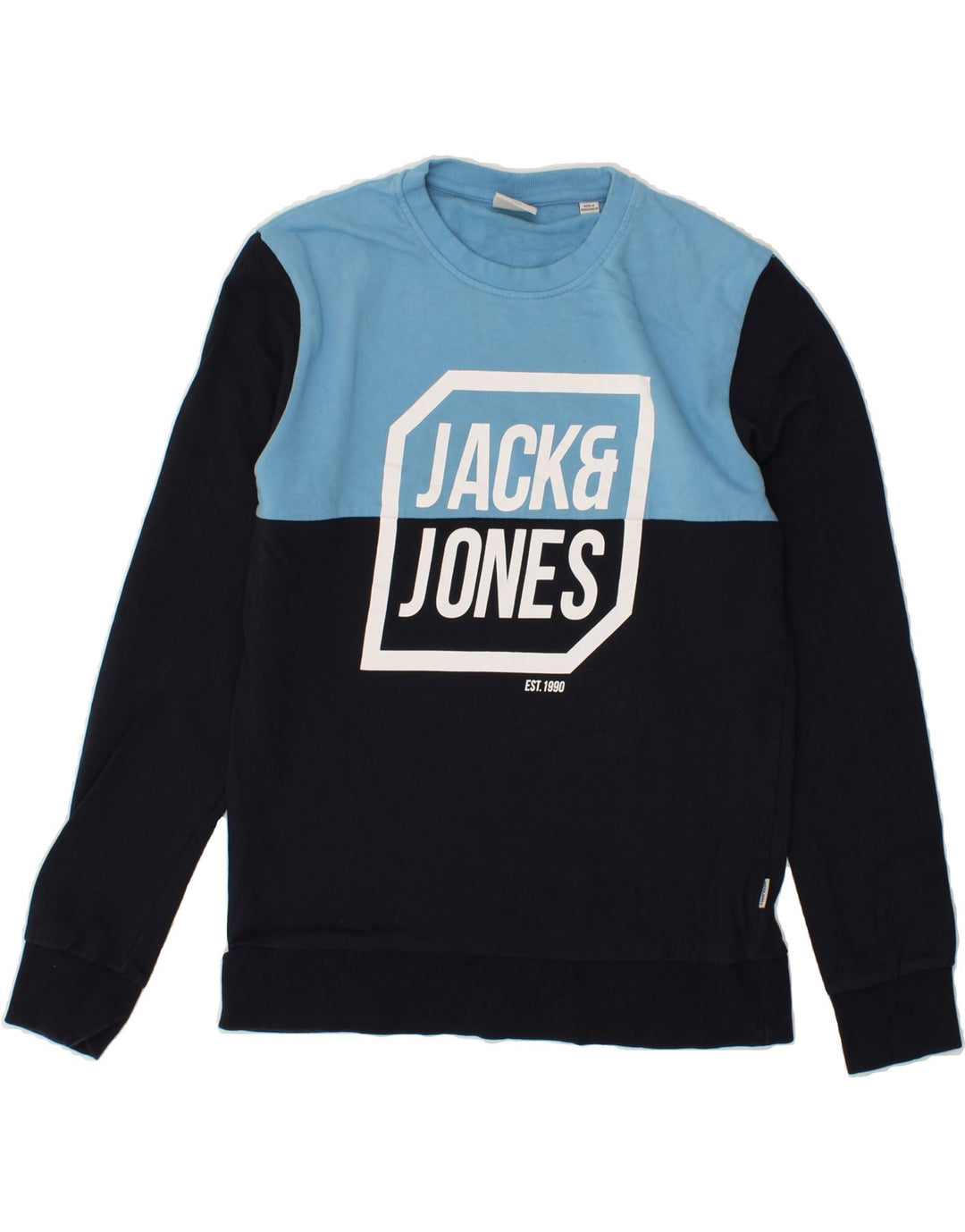 JACK & JONES Mens Graphic Sweatshirt Jumper Medium Navy Blue Colourblock Vintage Jack & Jones and Second-Hand Jack & Jones from Messina Hembry 