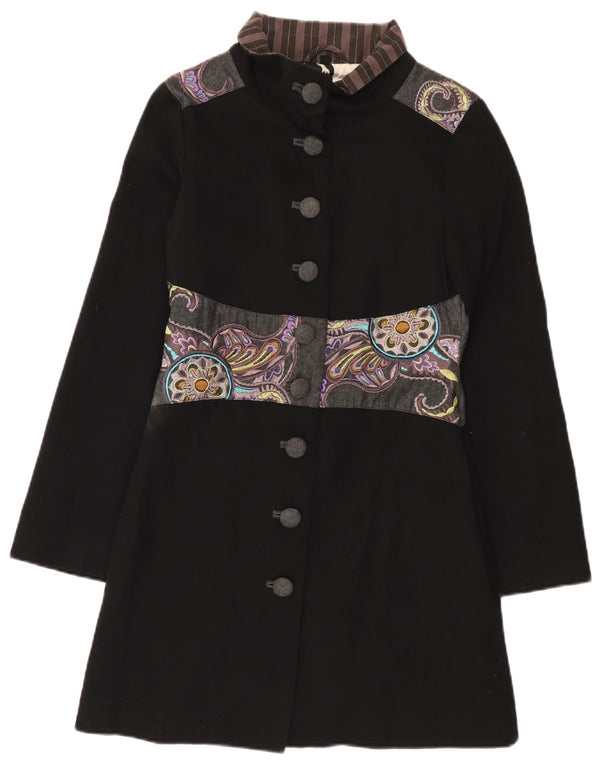 vintage Womens Graphic Overcoat UK 10 Petit Noir Patchwork Coton