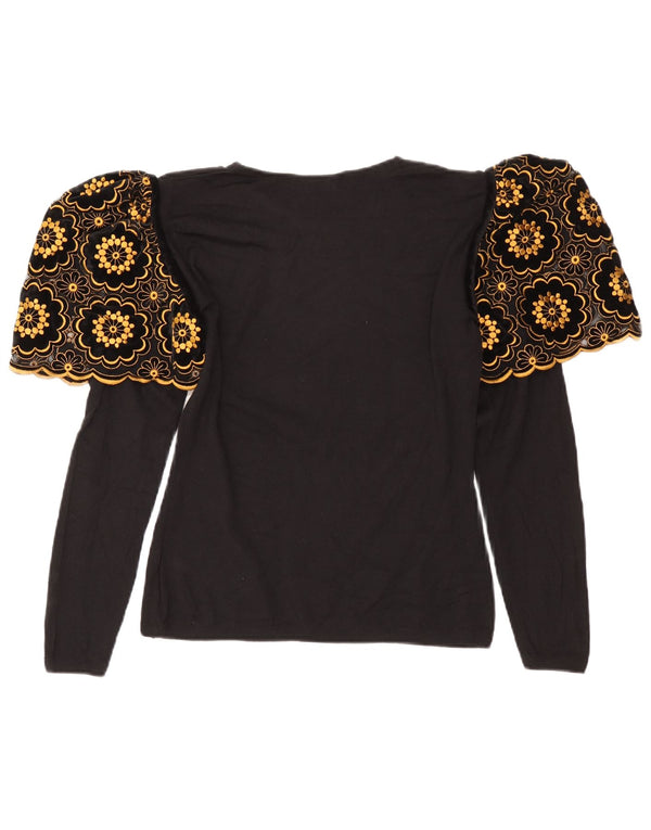 Vintage mujer manga larga blusa Top Reino Unido 12 medio negro floral