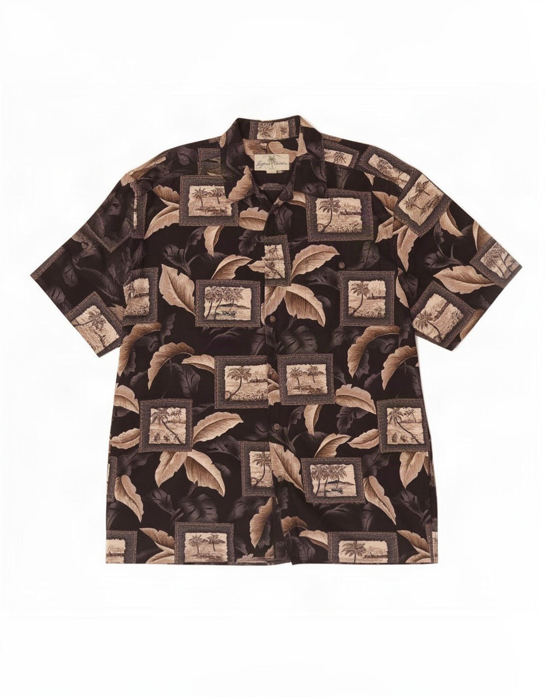 Island Shores Mens Short Sleeve Shirt Large Brown Patchwork Cotton