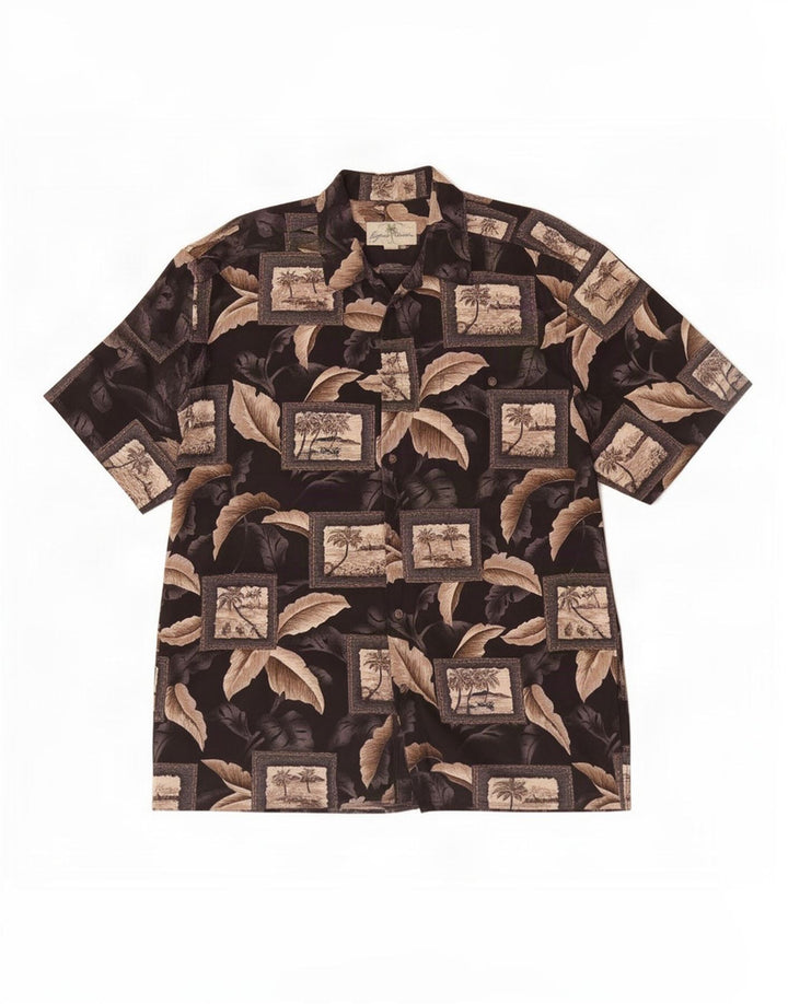 Island Shores Mens Short Sleeve Shirt Large Brown Patchwork Cotton