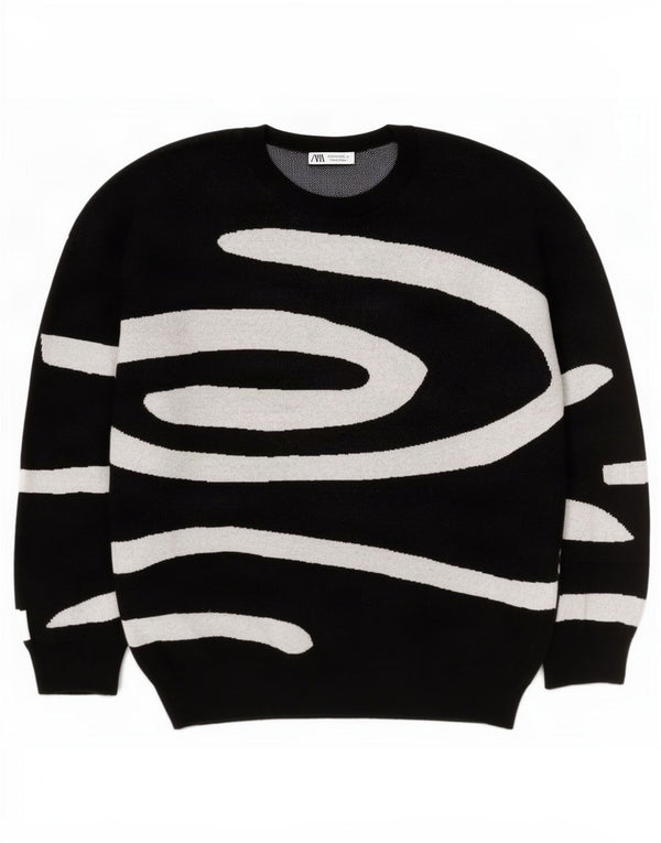 Zara Pull à col rond à motif abstrait pour hommes, grand coton noir