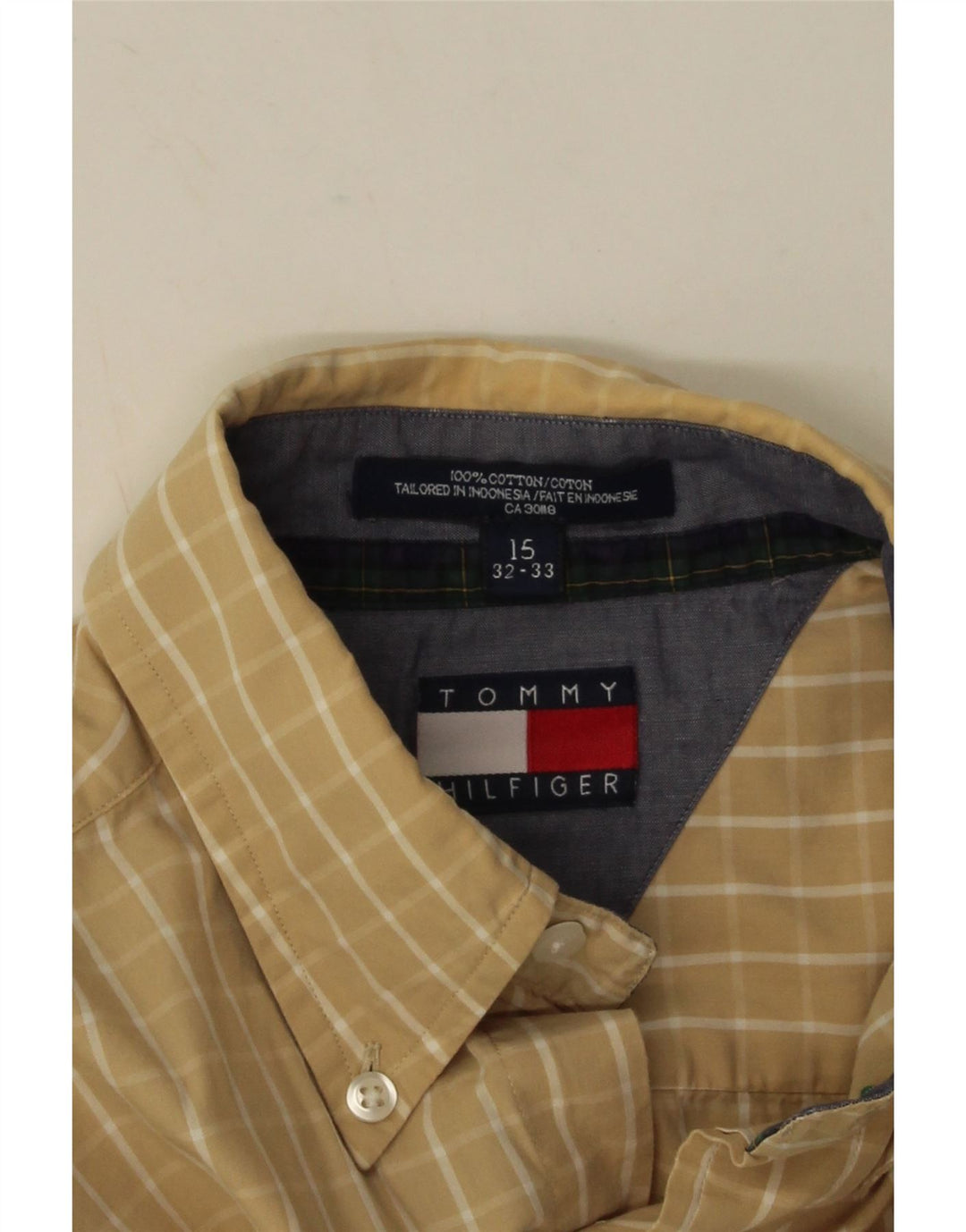Tommy Hilfiger Mens Shirt Size 15 Medium Beige Check Cotton
