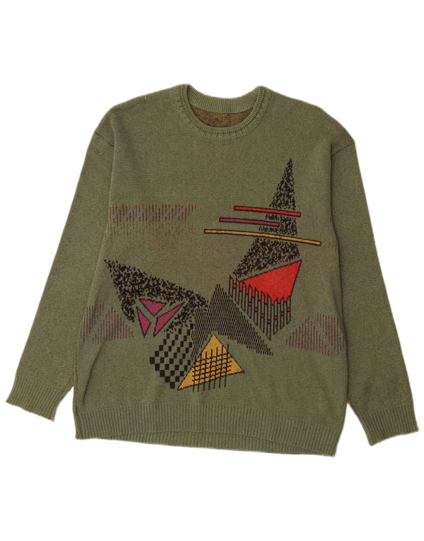 Vintage Mens Graphic Crew Neck Jumper Sweater Medium Khaki Geometric
