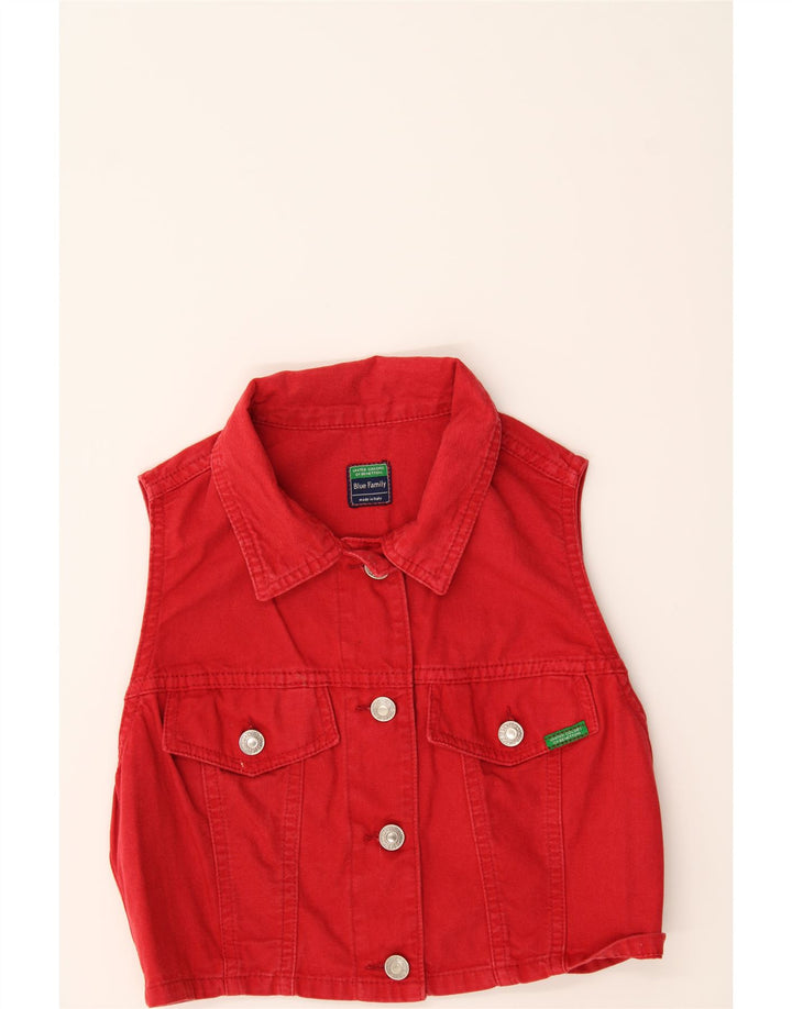 BENETTON Womens Crop Denim Gilet IT 42 Medium Red Cotton Vintage Benetton and Second-Hand Benetton from Messina Hembry 