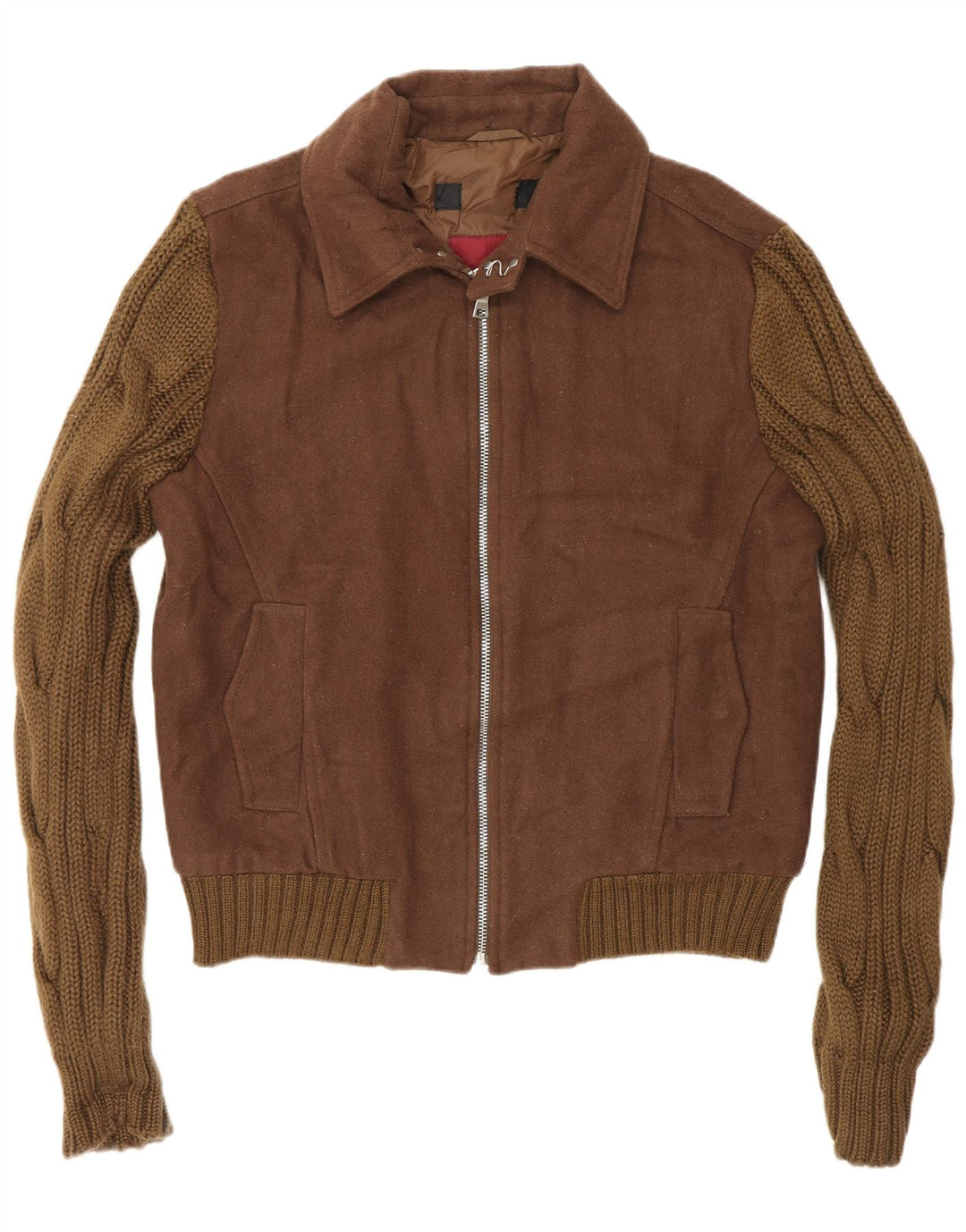 Giubbotto bomber lavorato a maglia da uomo Zara UK 40 Large marrone color block in lana
