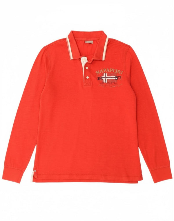 Napapijri Mens Graphic Long Sleeve Polo Shirt Large Red Cotton
