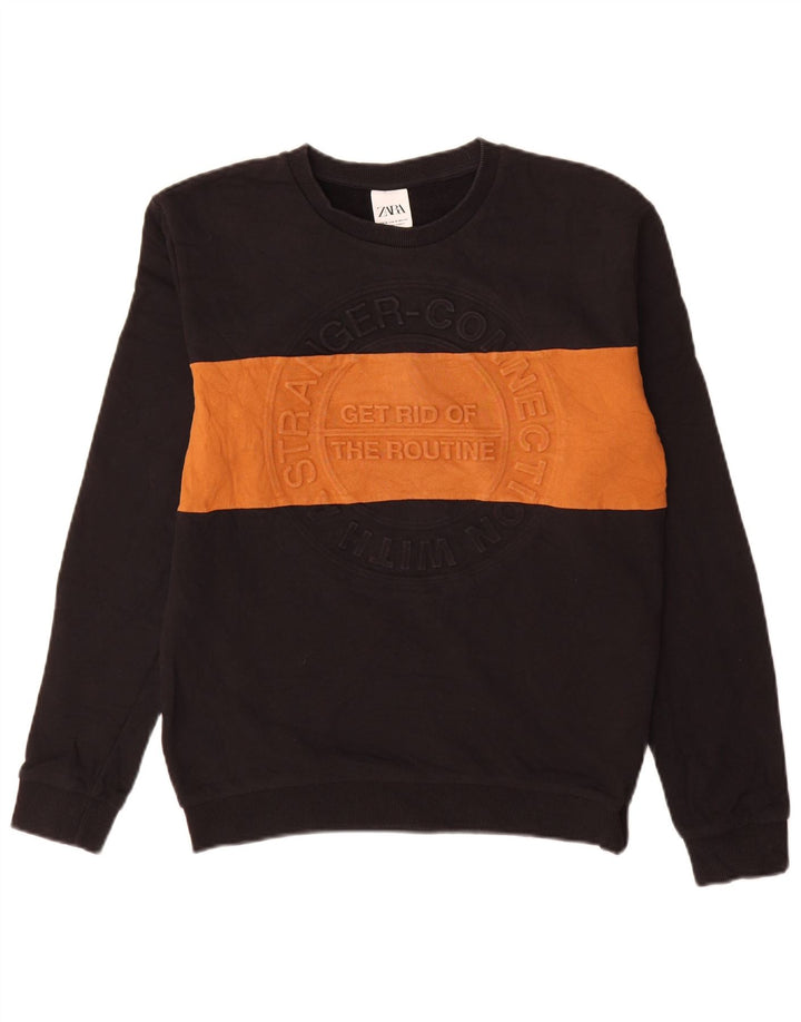 Zara Mens Graphic Sweatshirt Jumper Medium Black Colourblock Cotton