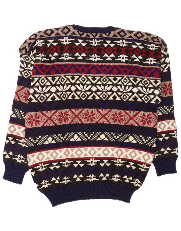 vintage Mens Crew Neck Jumper Pull Grand Multicolore Fair Isle Acrylique