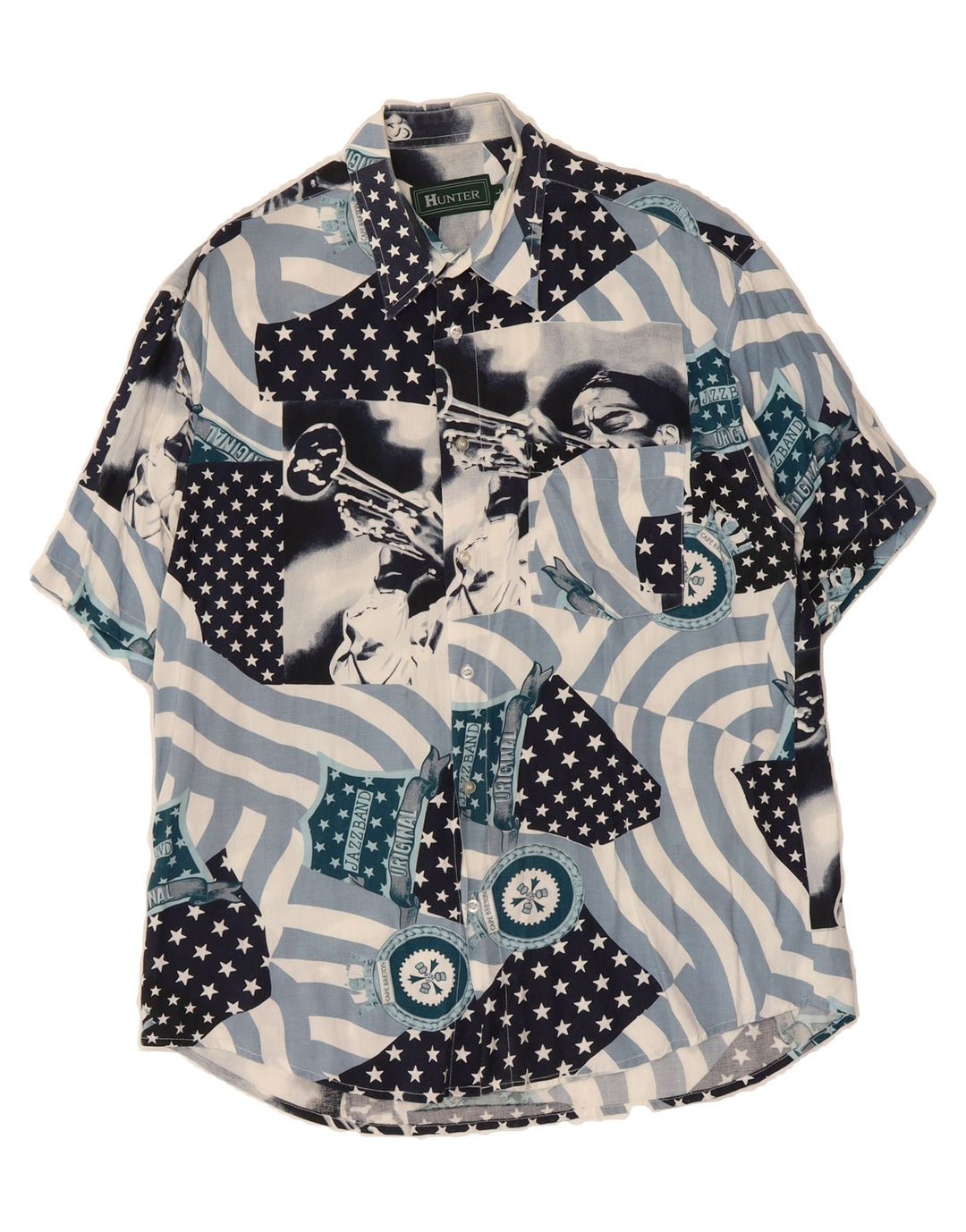 HUNTER Mens Graphic Short Sleeve Shirt Large Blue Patchwork Rayon Vintage Hunter and Second-Hand Hunter from Messina Hembry 