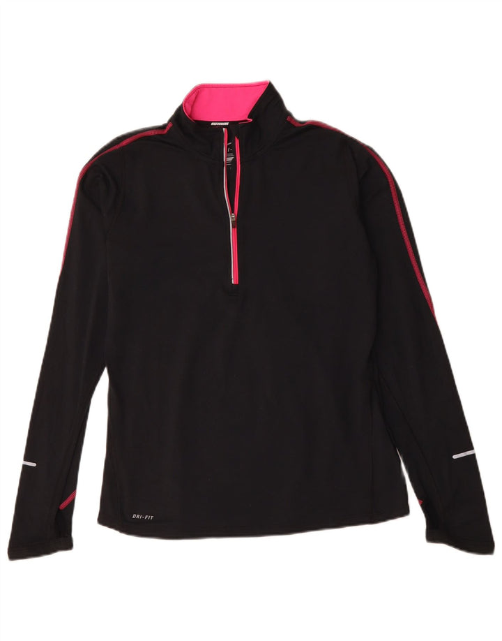 NIKE Dame Dri Fit Pullover med lynlås-hals Træningsdragt Top UK 12 Medium Sort