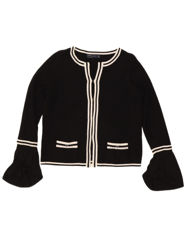 Zara Womens Crop Cardigan Sweater UK 16 Large Black Striped Viscose