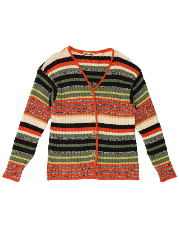 Maglione cardigan da donna vintage UK 16 grande lana a righe multicolori